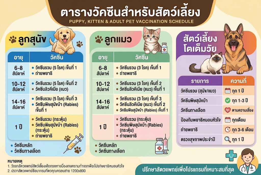ตารางวัคซีนสำหรับลูกสุนัข ลูกแมว และสัตว์เลี้ยงโตเต็มวัย